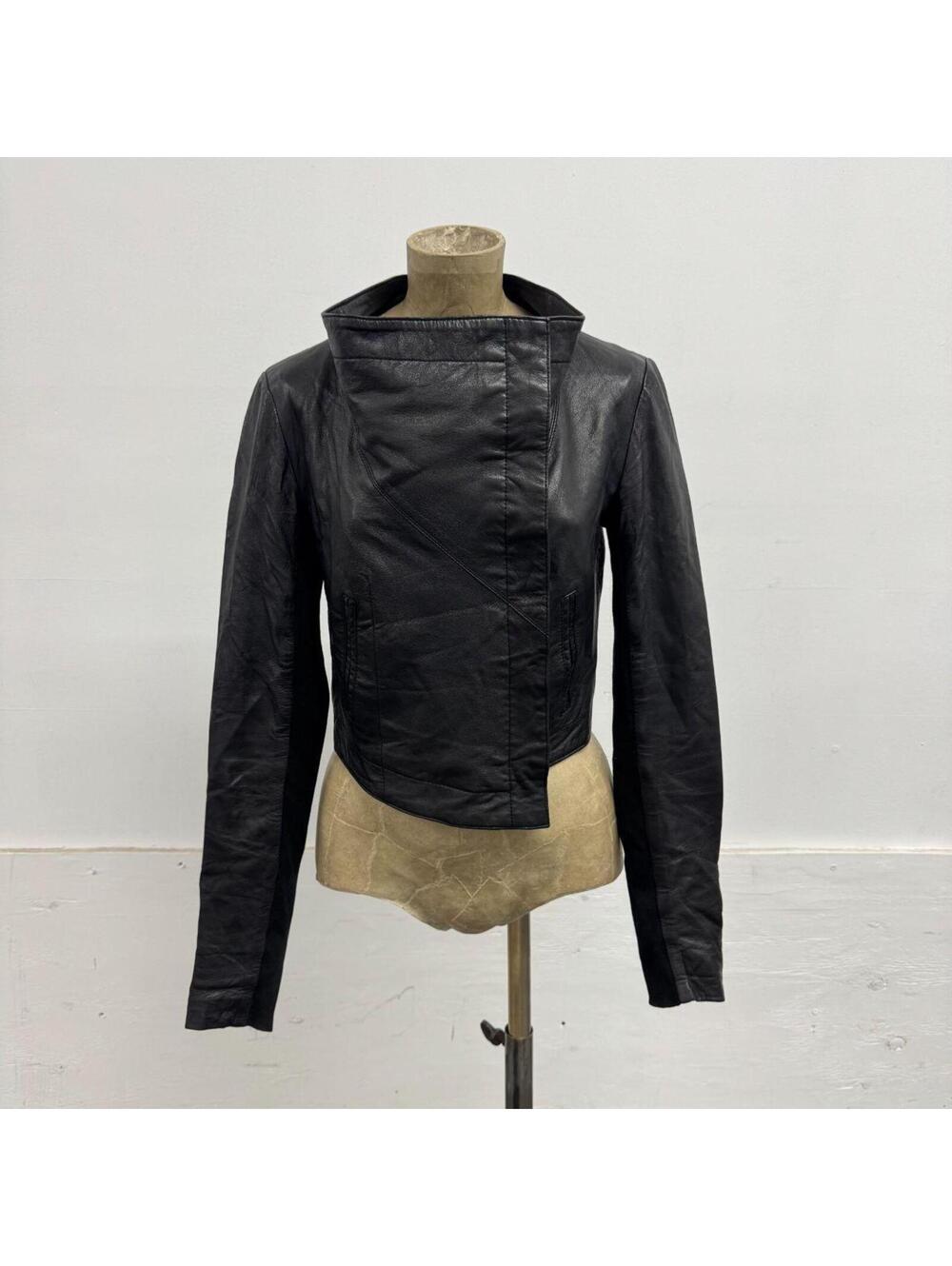 Vintage Crop Black Funnel Neck Asymmetric Avant Garde Leather Jacket